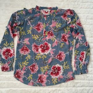 LOFT Floral Ruffle Blouse - Blue and Pink Size M